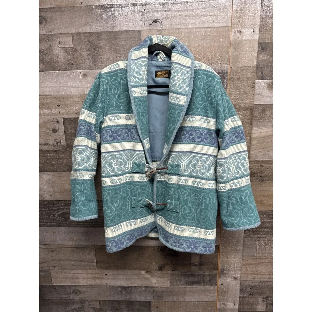 VTG Eddie Bauer Wool Barn Jacket Blanket Coat Womens Blue Navajo Tribal Aztec PS